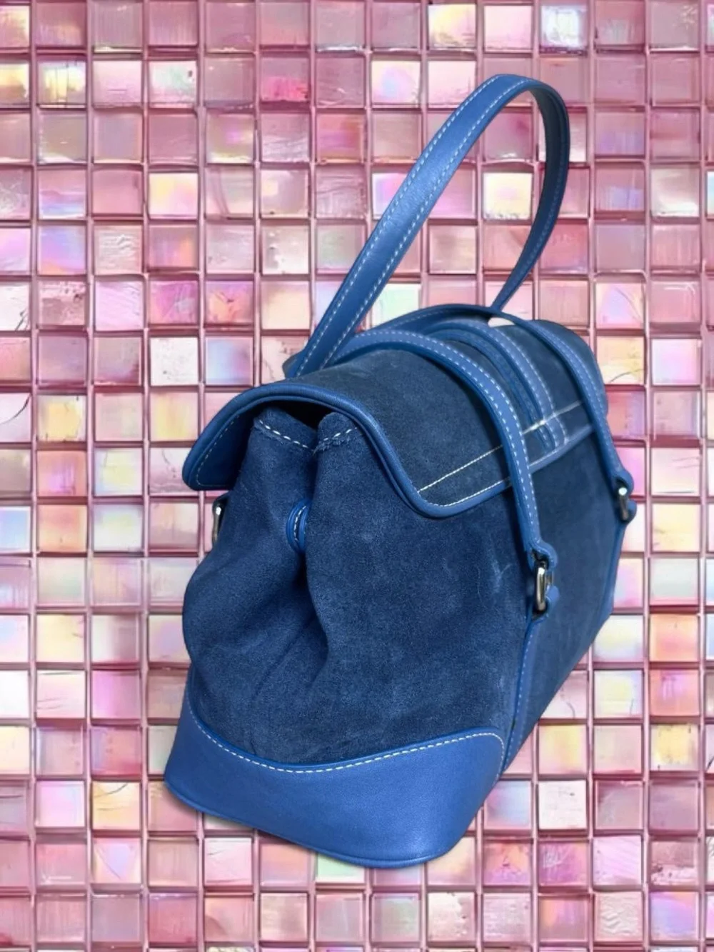 Classic Blue Suede Satchel Handbag - Picture 2 of 6
